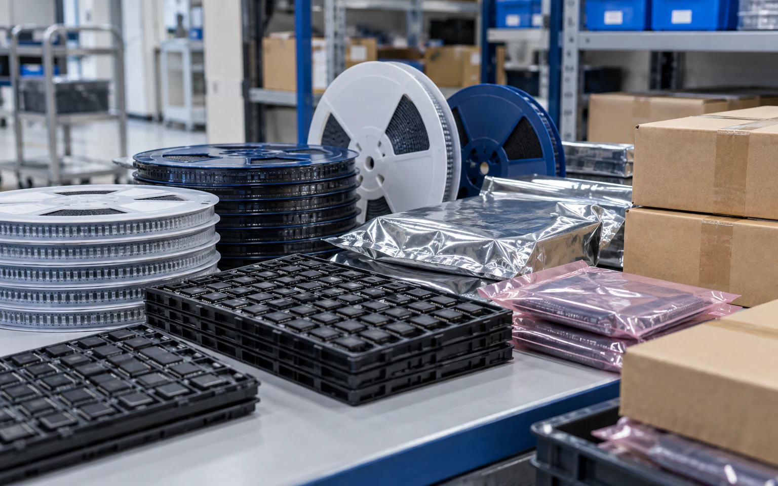 卷盘、Tray、防静电包装与原包装箱组成的电子物料整理场景