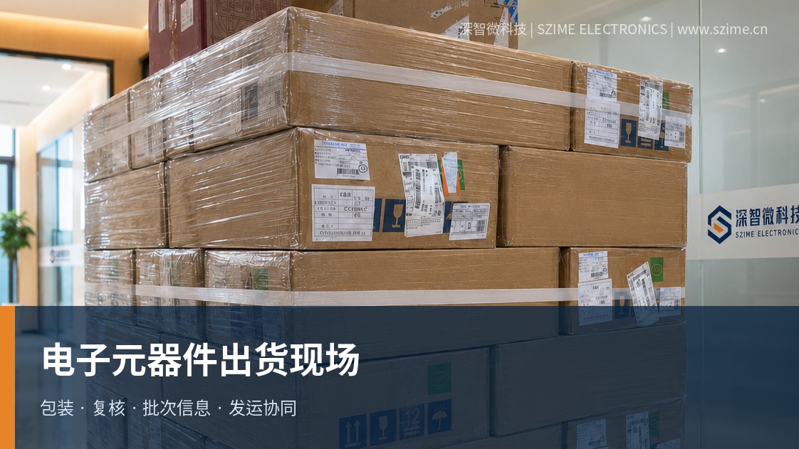 深智微电子元器件出货现场,整托纸箱完成缠膜包装准备发运